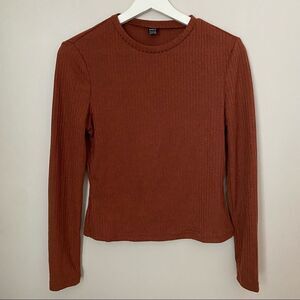 Shein Top Ribbed Long Sleeve Brown Business Casual Crewneck Trendy Cute Neutral
